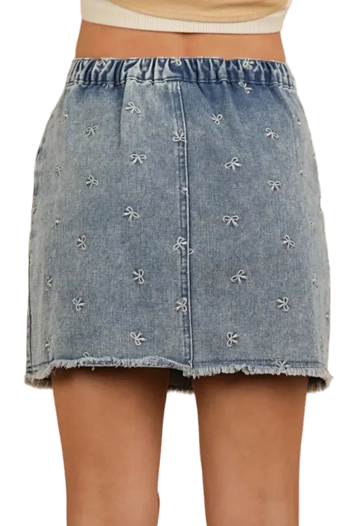 VERY J Bow Printed Casual Denim Mini Skirt -