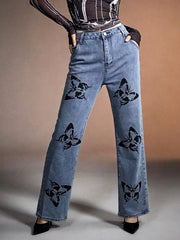 Butterfly Print High-Waisted Wide Leg Jeans -