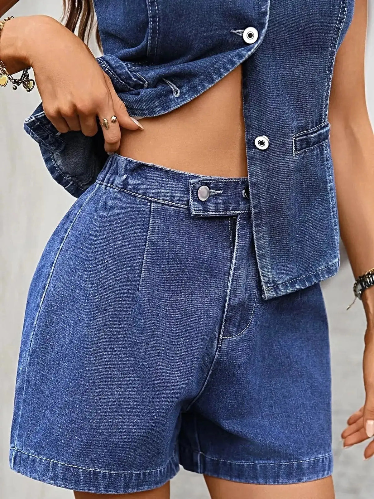 Sleeveless Button-Down Denim Vest & Shorts Set -