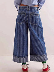 Luxury Wide Leg Cropped Jeans with Pocketed Design, 85% Cotton Blend, Machine Washable -