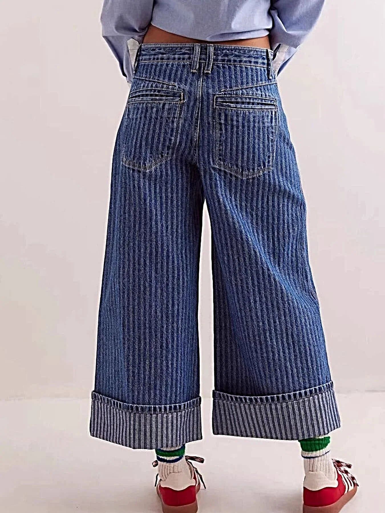 Luxury Wide Leg Cropped Jeans with Pocketed Design, 85% Cotton Blend, Machine Washable -