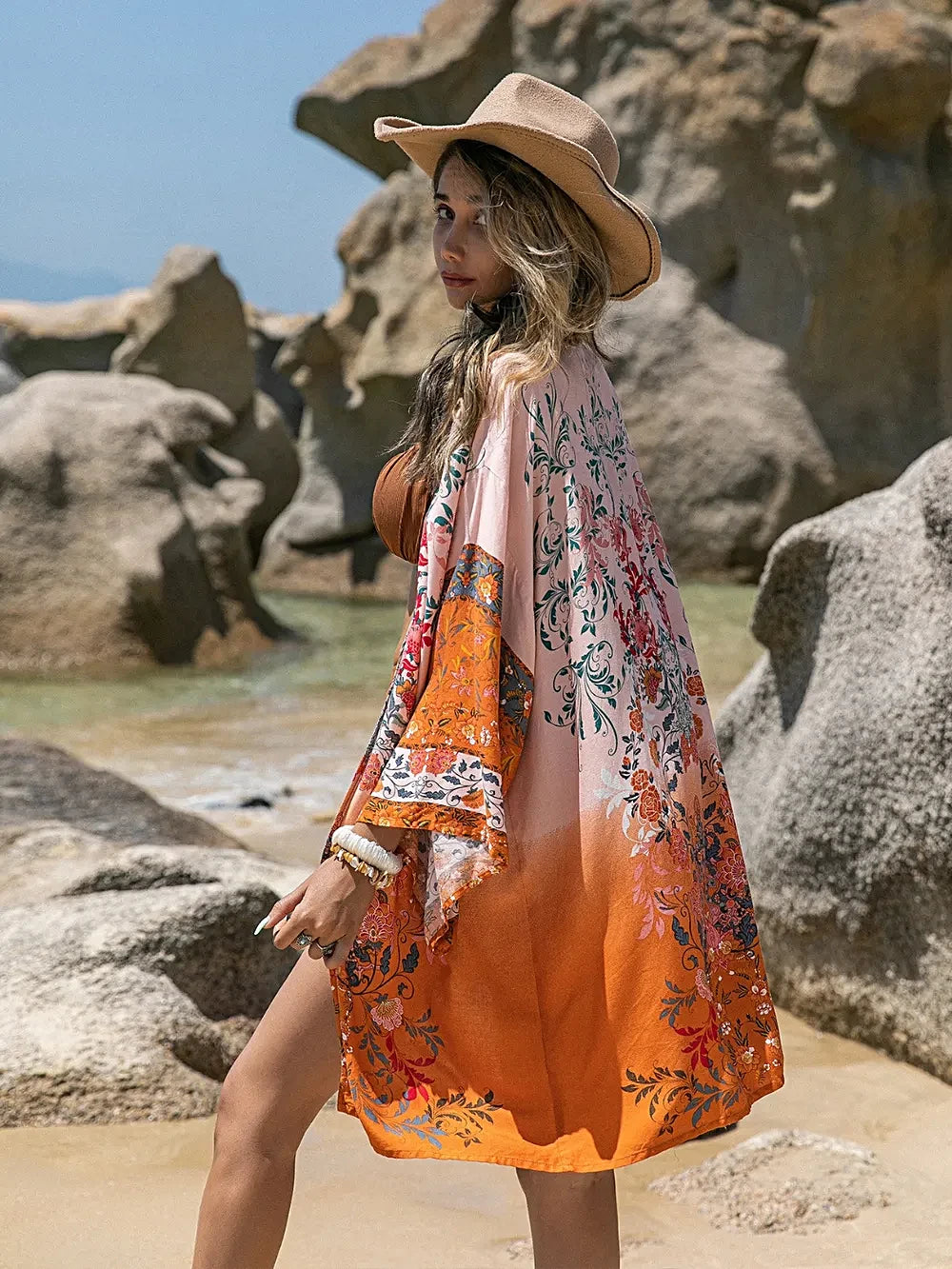 Printed Open Front Long Sleeve Cover-Up -