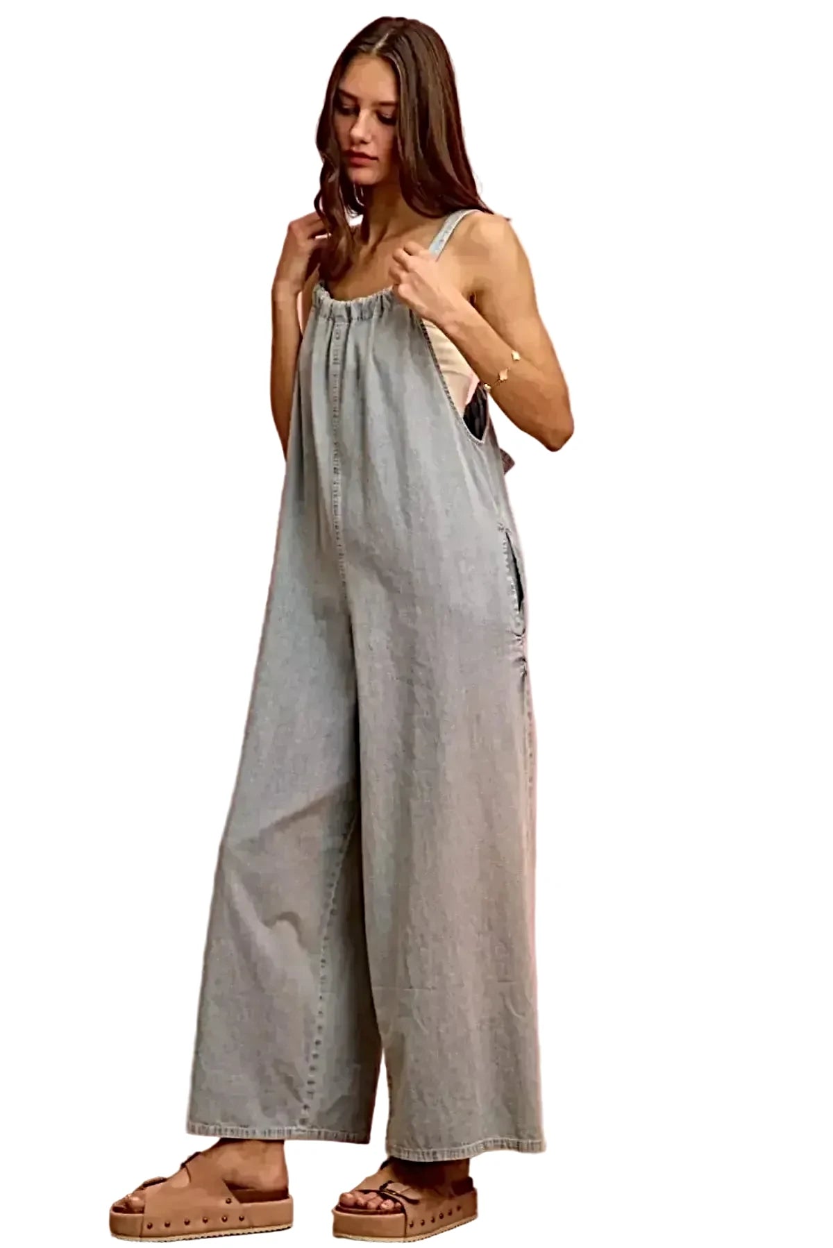 SO ME Wide Leg Lightweight Denim Overalls -