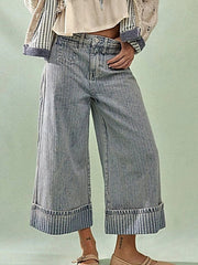 Luxury Wide Leg Cropped Jeans with Pocketed Design, 85% Cotton Blend, Machine Washable -