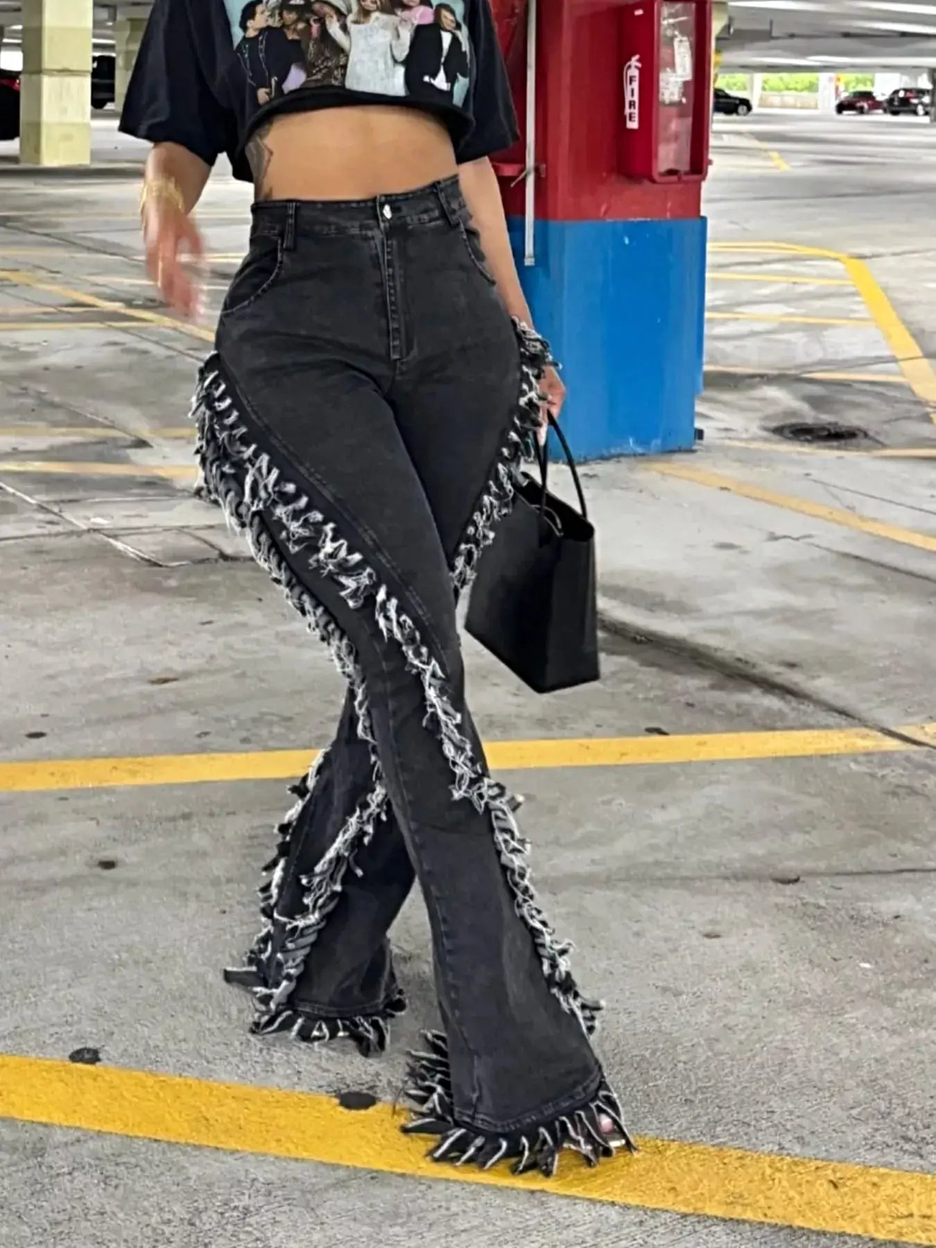 Frayed Trim High Waist Flare Jeans -