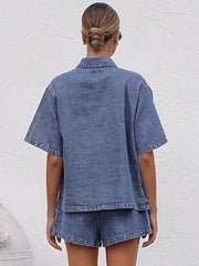 Collared Neck Button Up Top and Shorts Denim Set -
