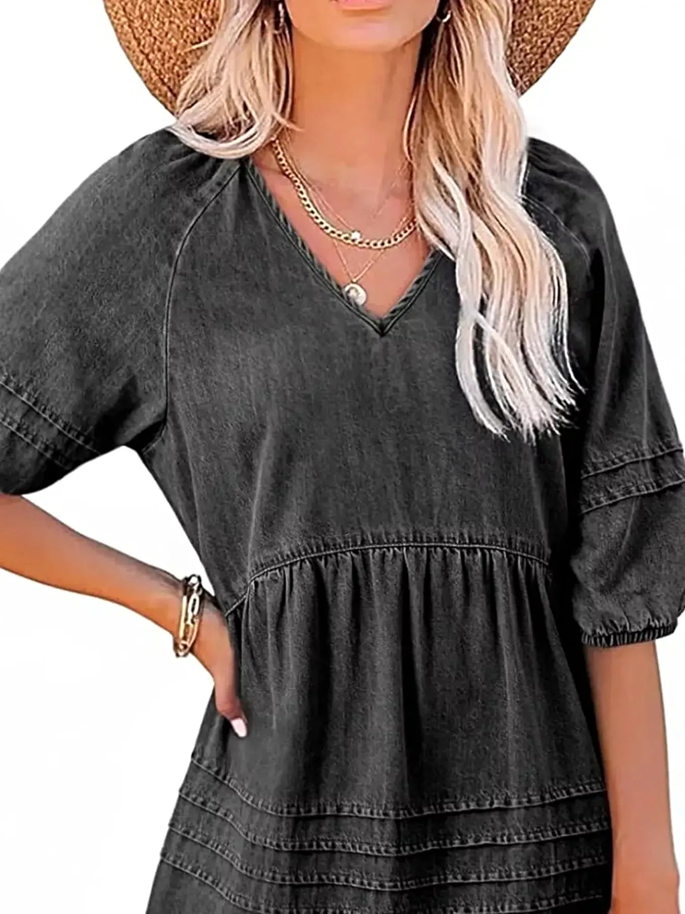Casual V-Neck Puff Sleeve Denim Mini Dress -