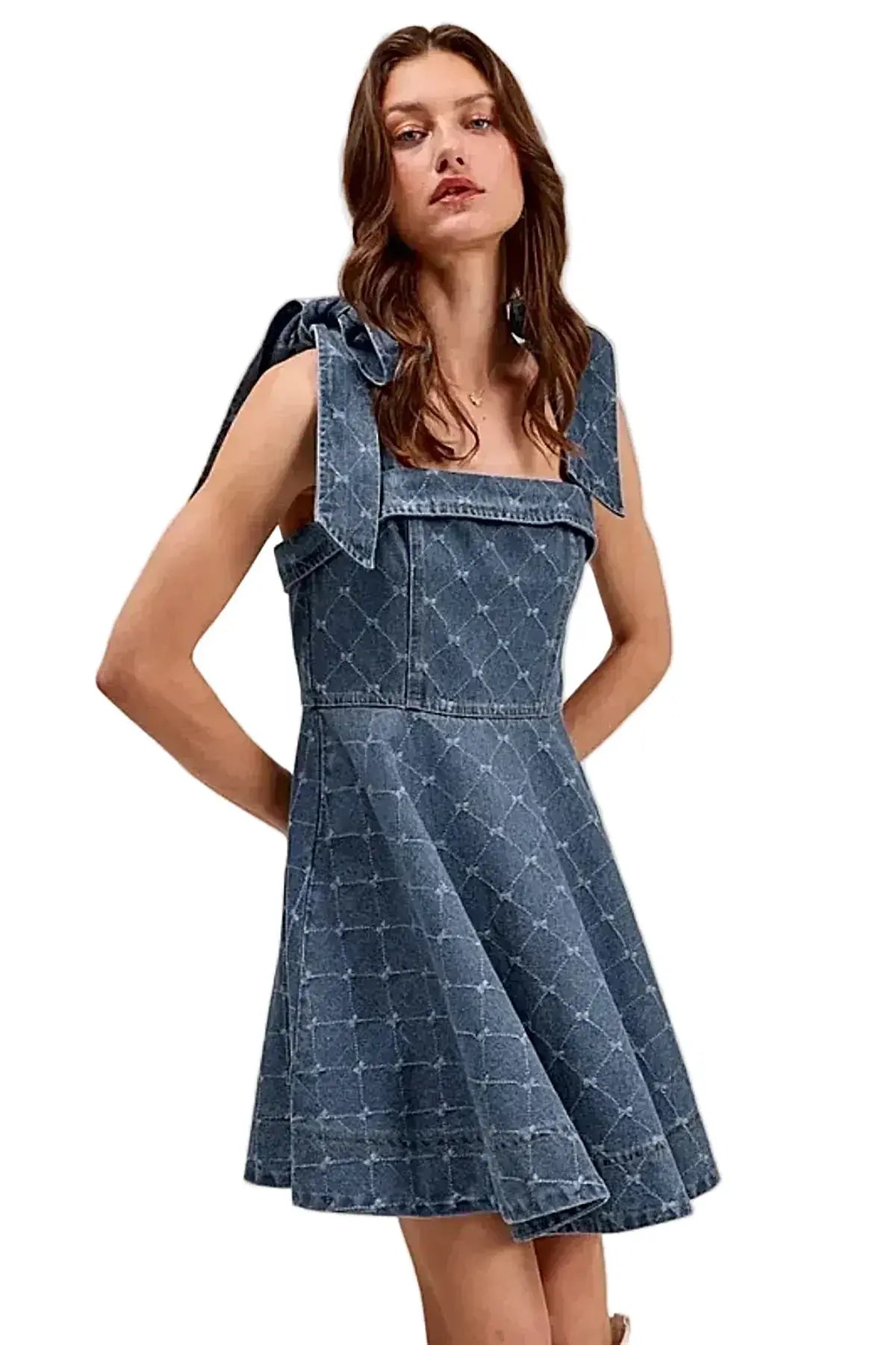 SO ME A Line Fit and Flare Diamond Bow Ribbon Denim Dres -