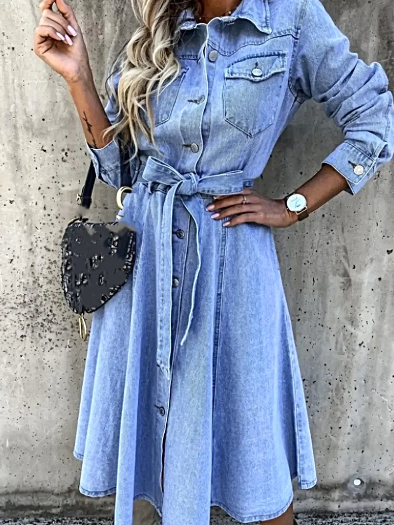 Full Size Tie Waist Button Front Denim Shirt Dress Plus Size -