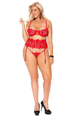 Elegant Red Mesh Bra With Cincher Set, Embroidered Lace, Adjustable Straps, and G-String - Cami set