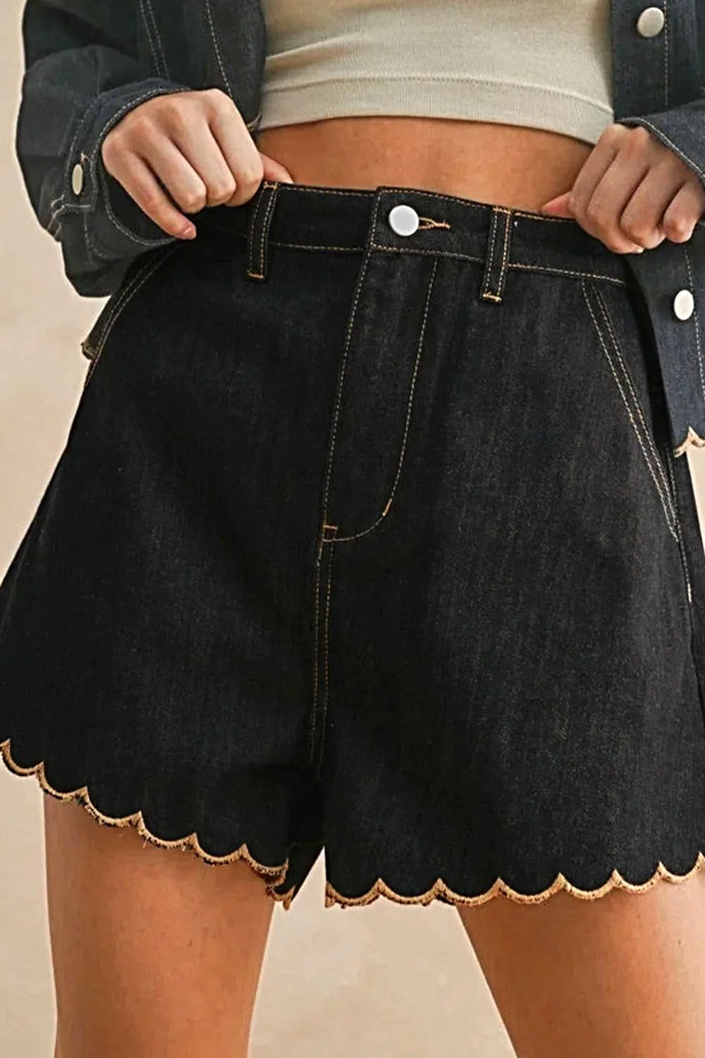 Scalloped Hem Denim Shorts -