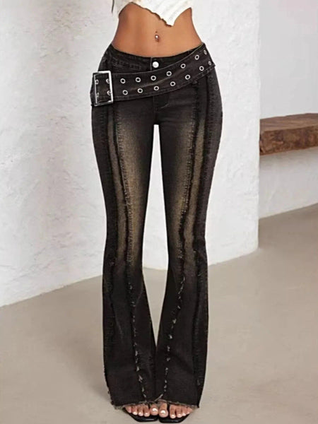 Belted High Waist Flare Jeans -