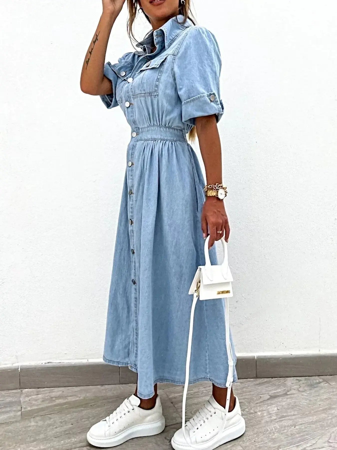 Full Size Button Down Roll-Up Sleeve Denim Shirt Dress Plus Size -