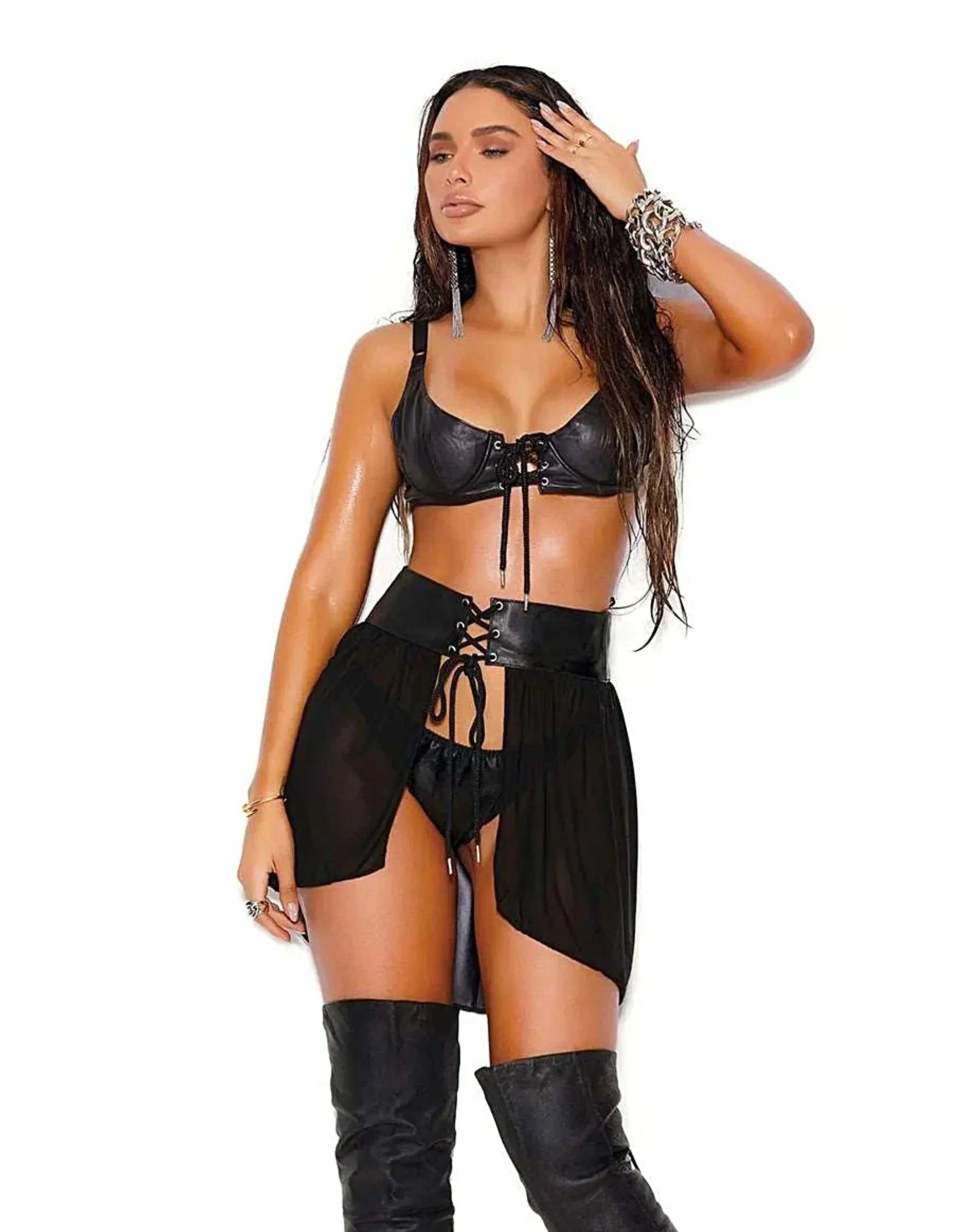 Elegant Moments L5142 – Lace up front leather bra with underwire cups