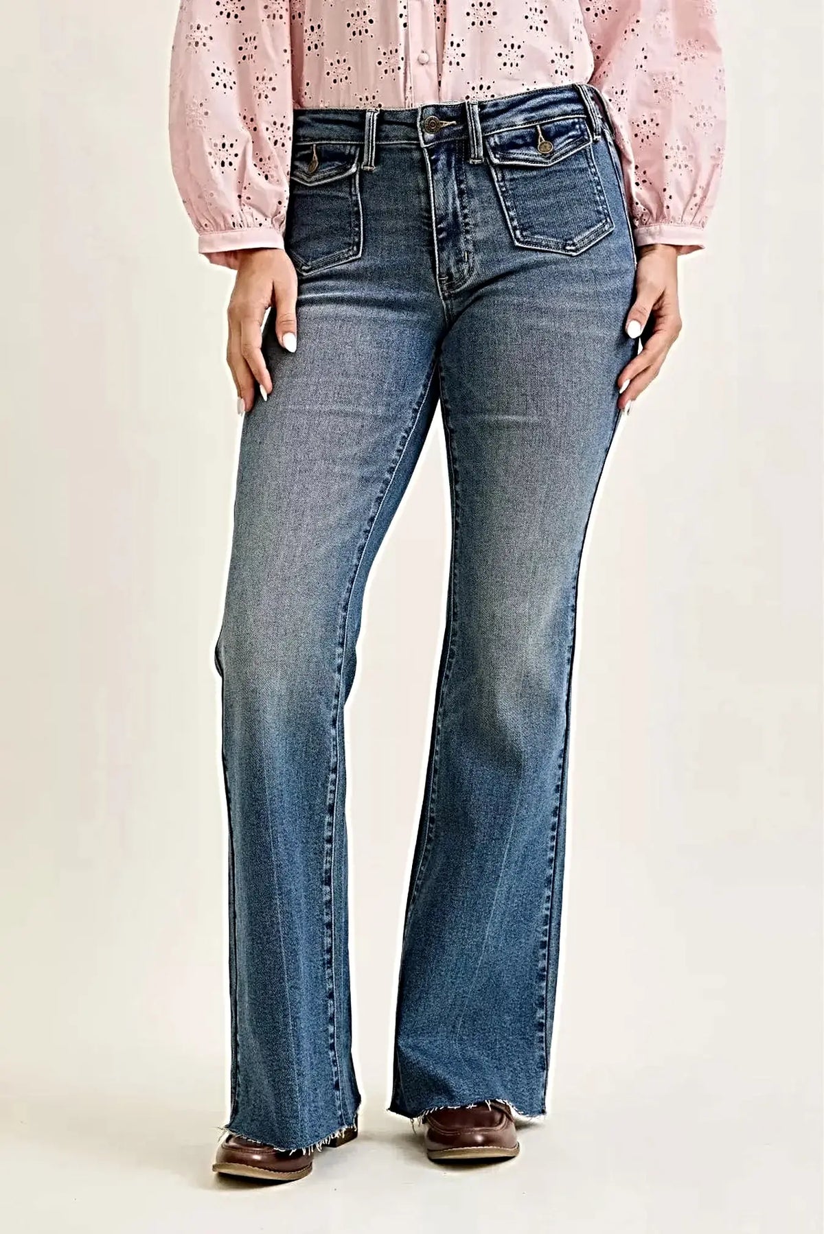 Judy Blue Mid Rise Flare Jeans with Front Flap Pockets -