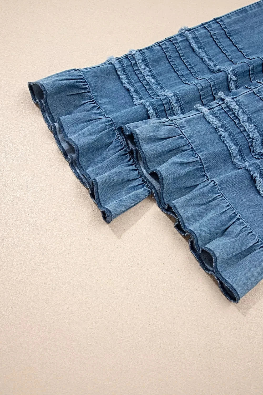 Ruffled Hem Wide Leg Chambray Pants -