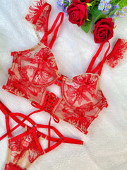 Detailed view of Luxury Red Lace Lingerie Set, emphasizing the luxurious materials and exquisite lace craftsmanship.