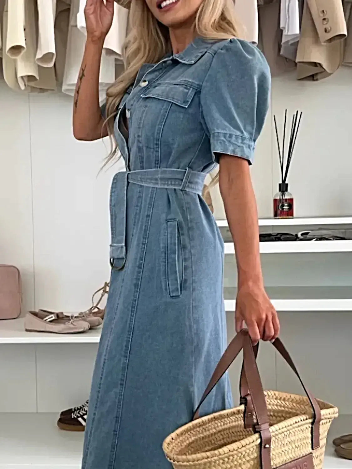 Elegant Puff Sleeve Button Down Belted Denim Midi Dress with Pockets -
