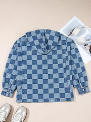 Checkered Half Zip Denim Hoodie Top -