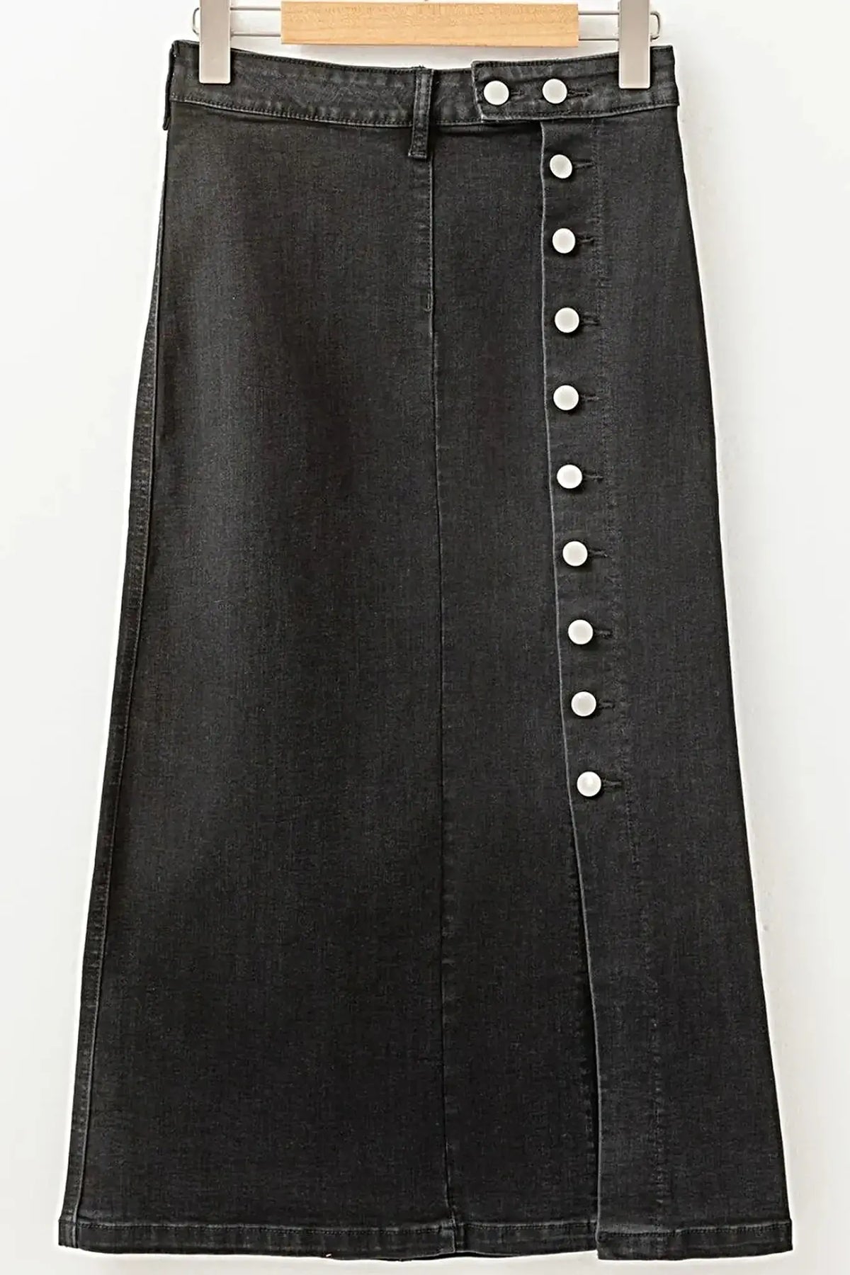 Button Fly Side Split Denim Midi Skirt -