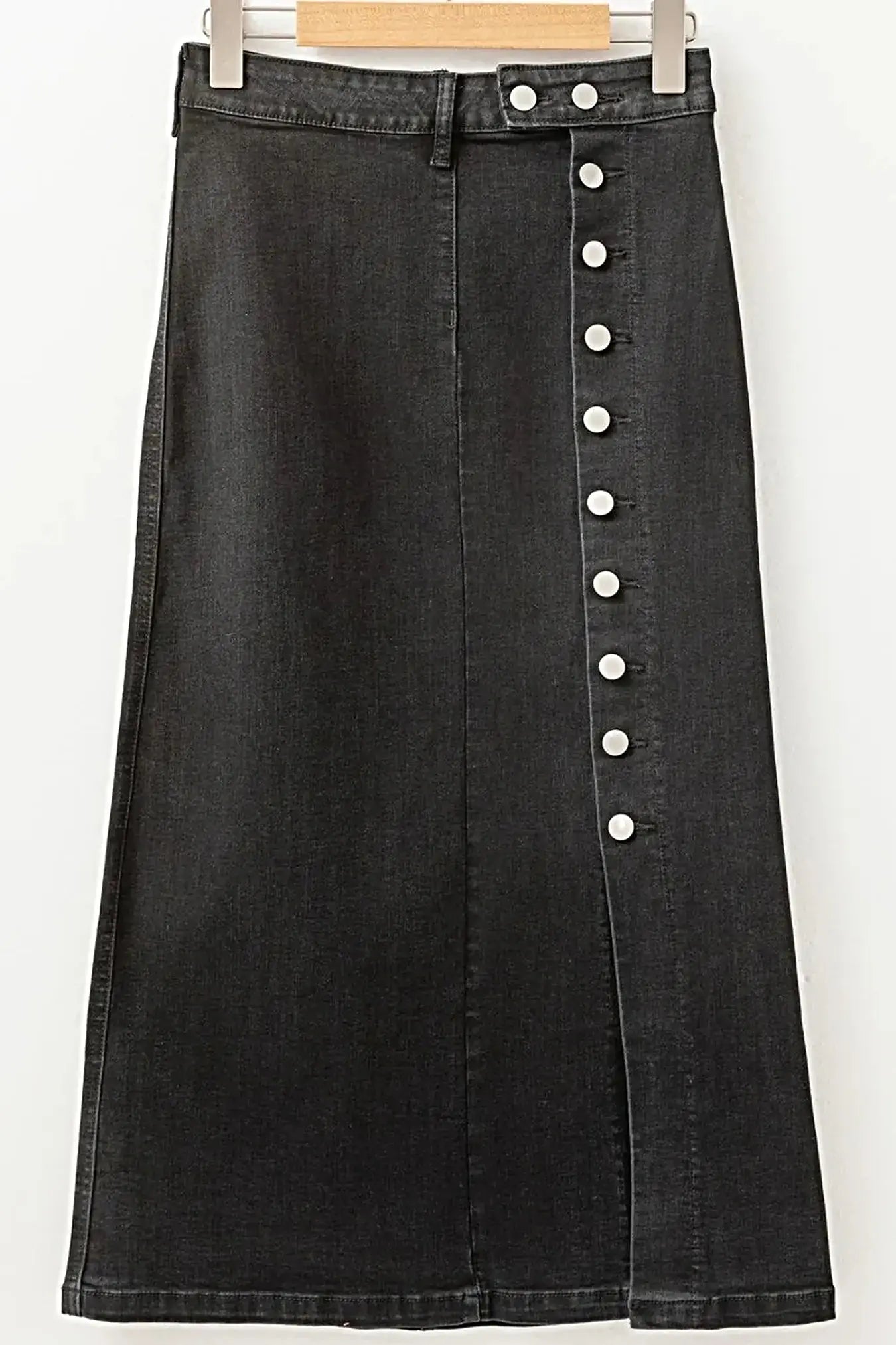 Button Fly Side Split Denim Midi Skirt -