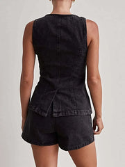 Button Down Vest and Shorts Denim Set -