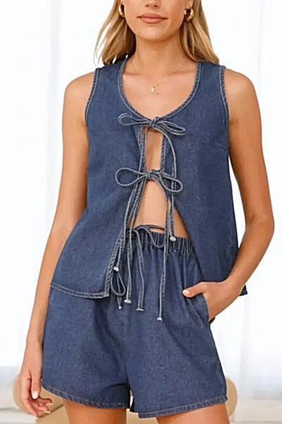 Tied Front V-Neck Vest and Shorts Denim Set -