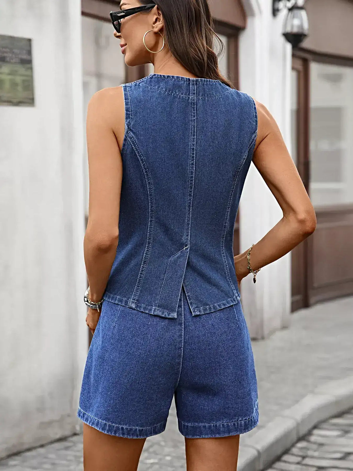 Sleeveless Button-Down Denim Vest & Shorts Set -