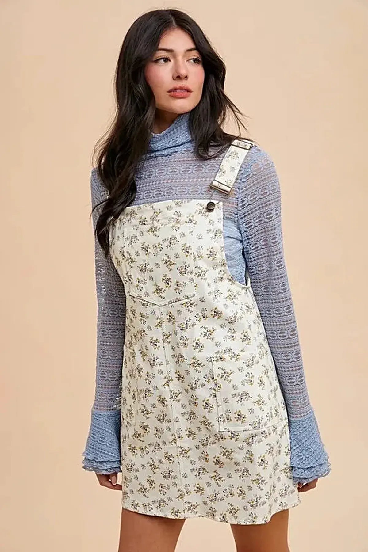 Annie Wear Stretch Ditsy Print Denim Overall Mini Dress -