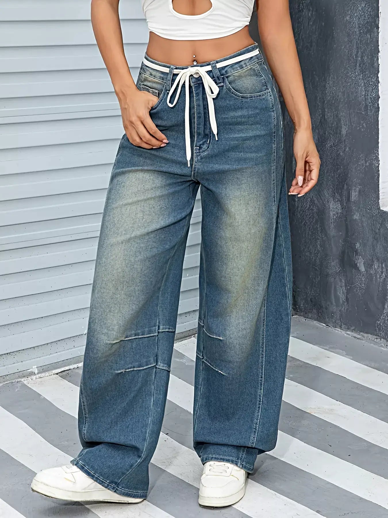 Vintage Wash Wide Leg Jeans -