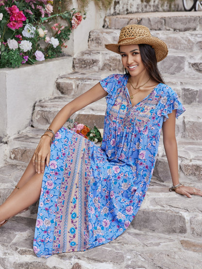 Ruffled Printed Tie Neck Cap Sleeve Dress