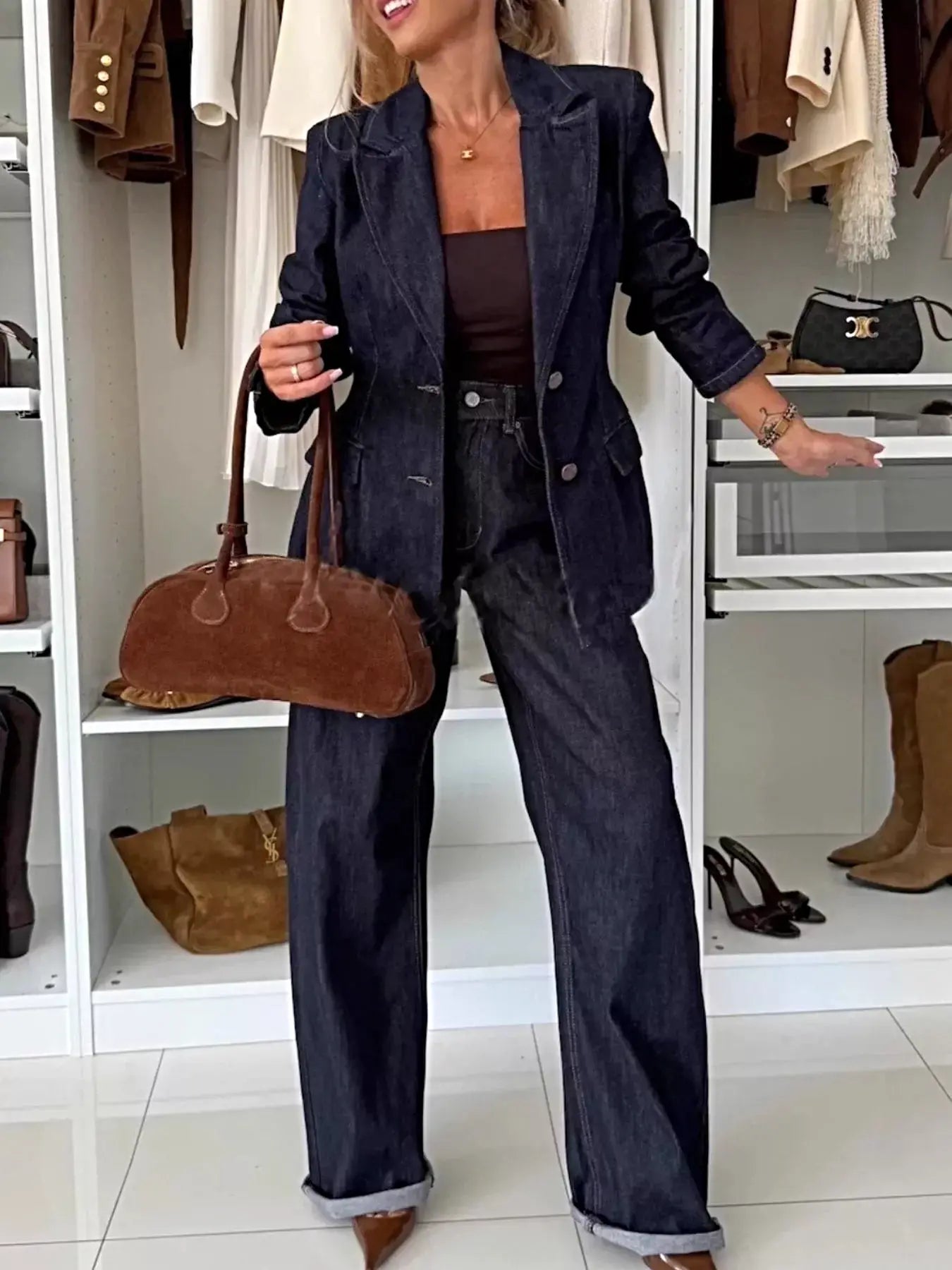 Single-Breasted Blazer and Jeans Denim Set -