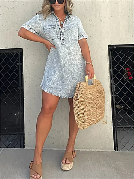 Full Size Raw Hem Short Sleeve Denim Dress Plus Size -