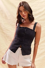 SO ME Button Down Sleeveless Game Day Fitted Denim Top -