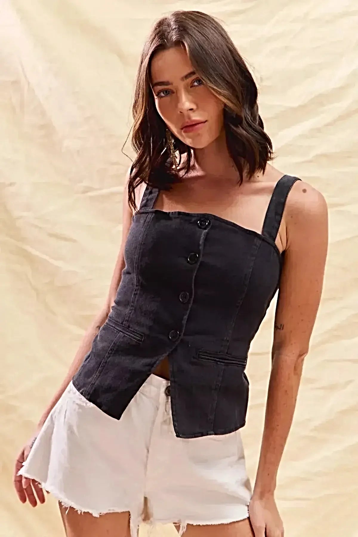 SO ME Button Down Sleeveless Game Day Fitted Denim Top -
