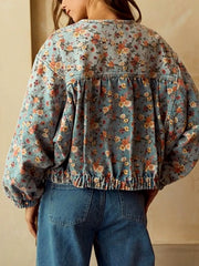 Floral Print Zip Up Cropped Denim Jacket -