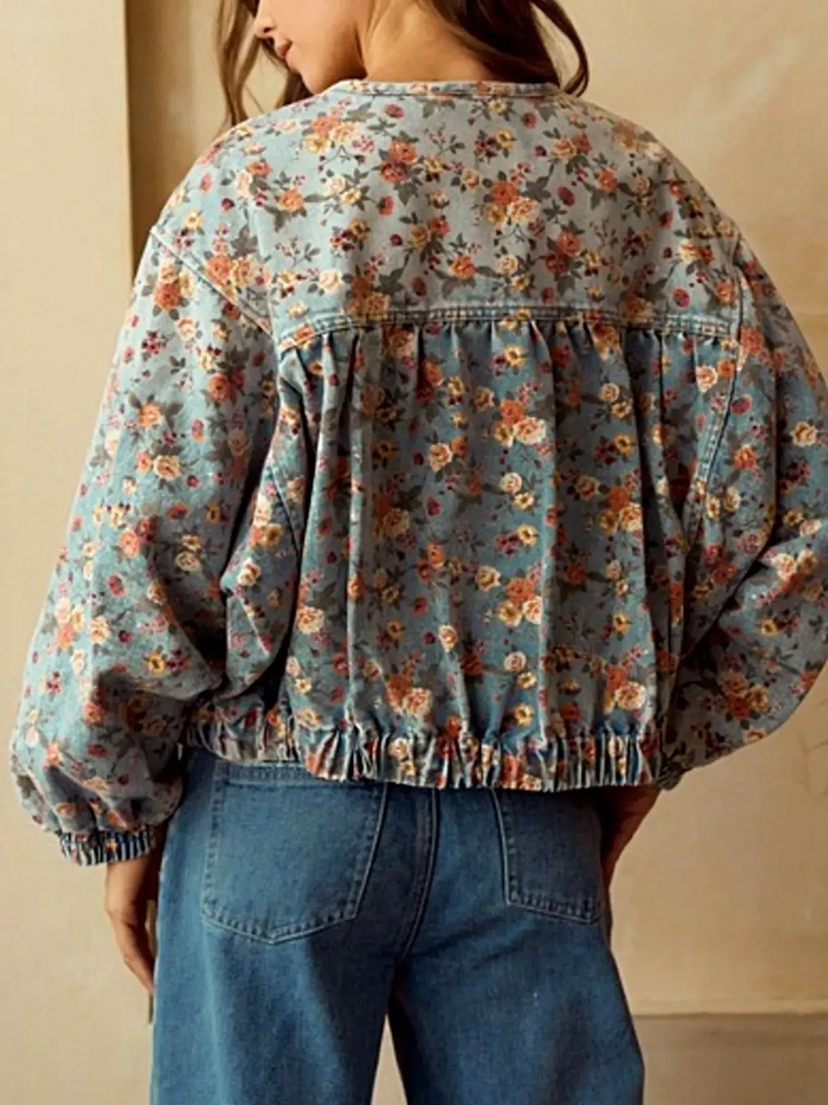 Floral Print Zip Up Cropped Denim Jacket -