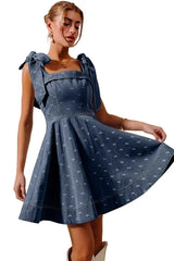 Elegant A-Line Fit and Flare Denim Dress with Diamond Bow Ribbon Detail -