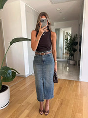 Slit Front Denim Skirt -