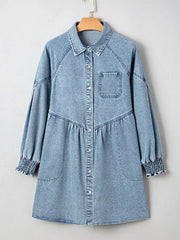 Button-Up Denim Shirt Dress with Smocked Cuffs -