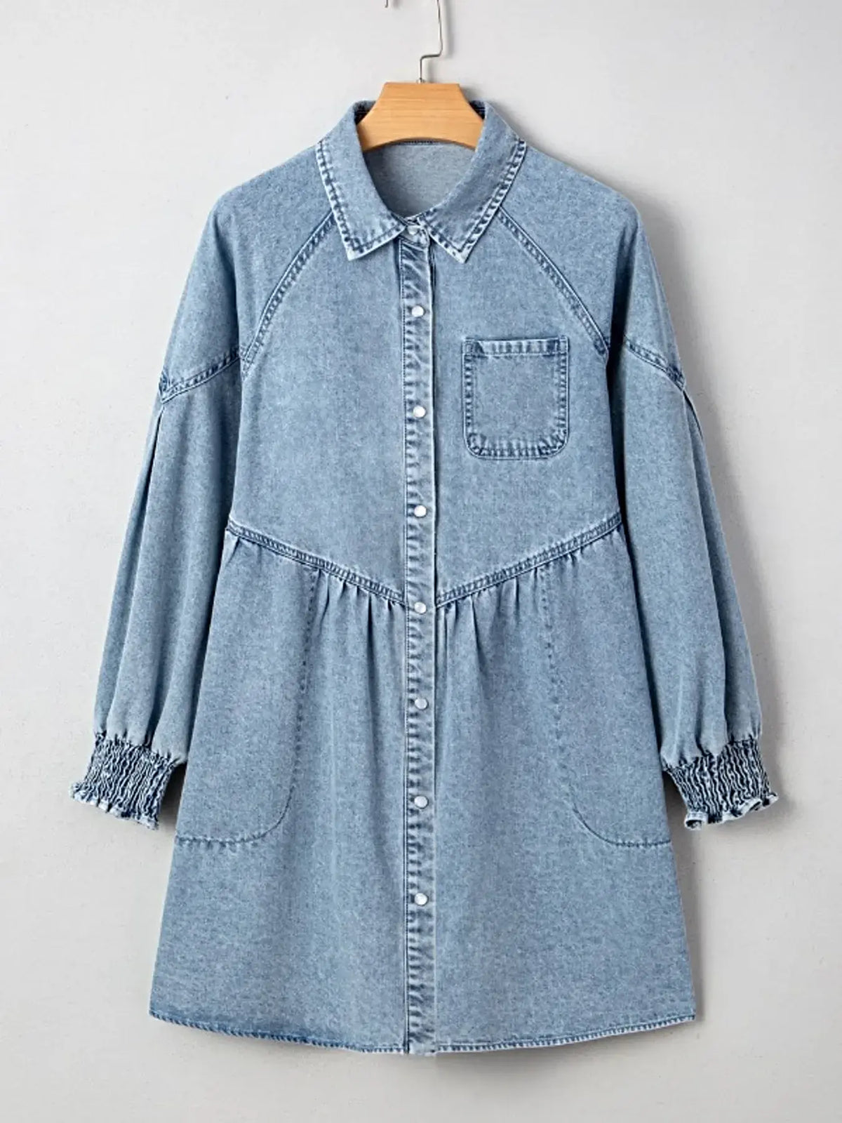Button-Up Denim Shirt Dress with Smocked Cuffs -