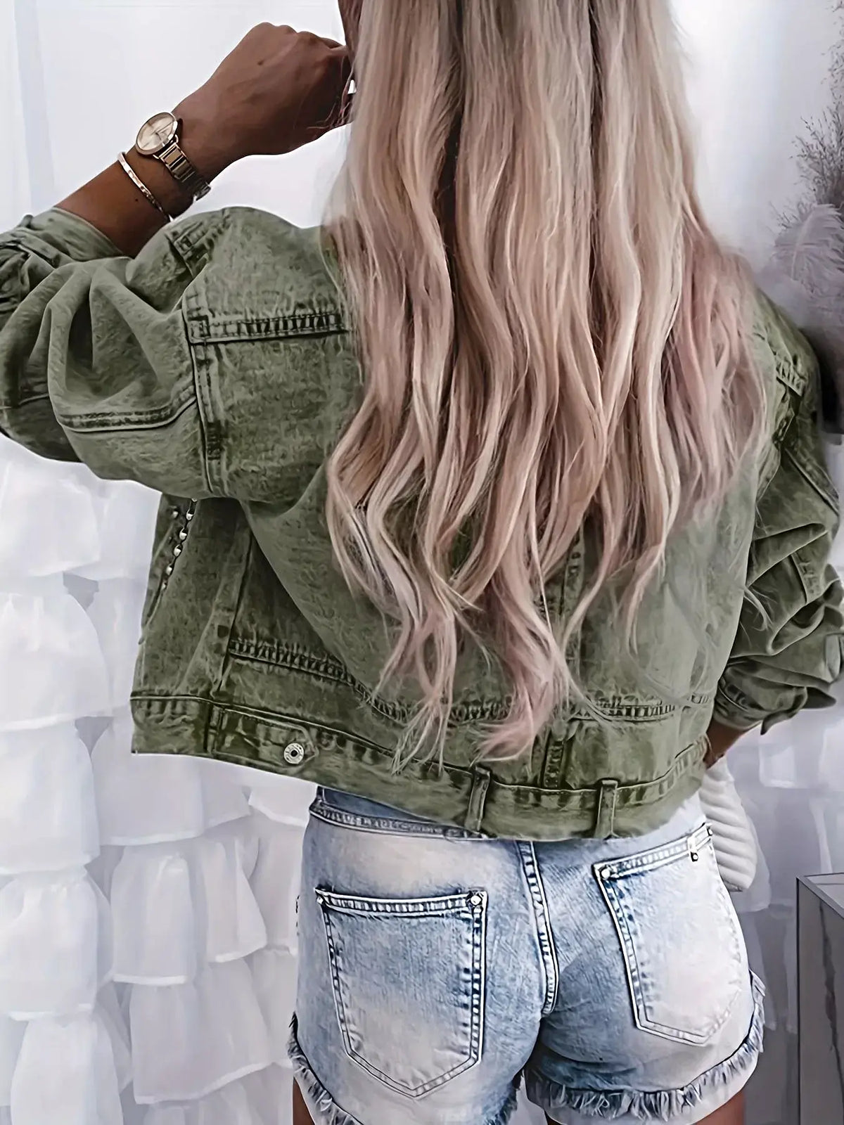 Studded Button Up Wash Denim Jacket -