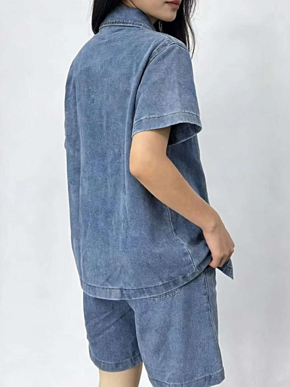 Button Up Short Sleeve Top and Shorts Denim Set -