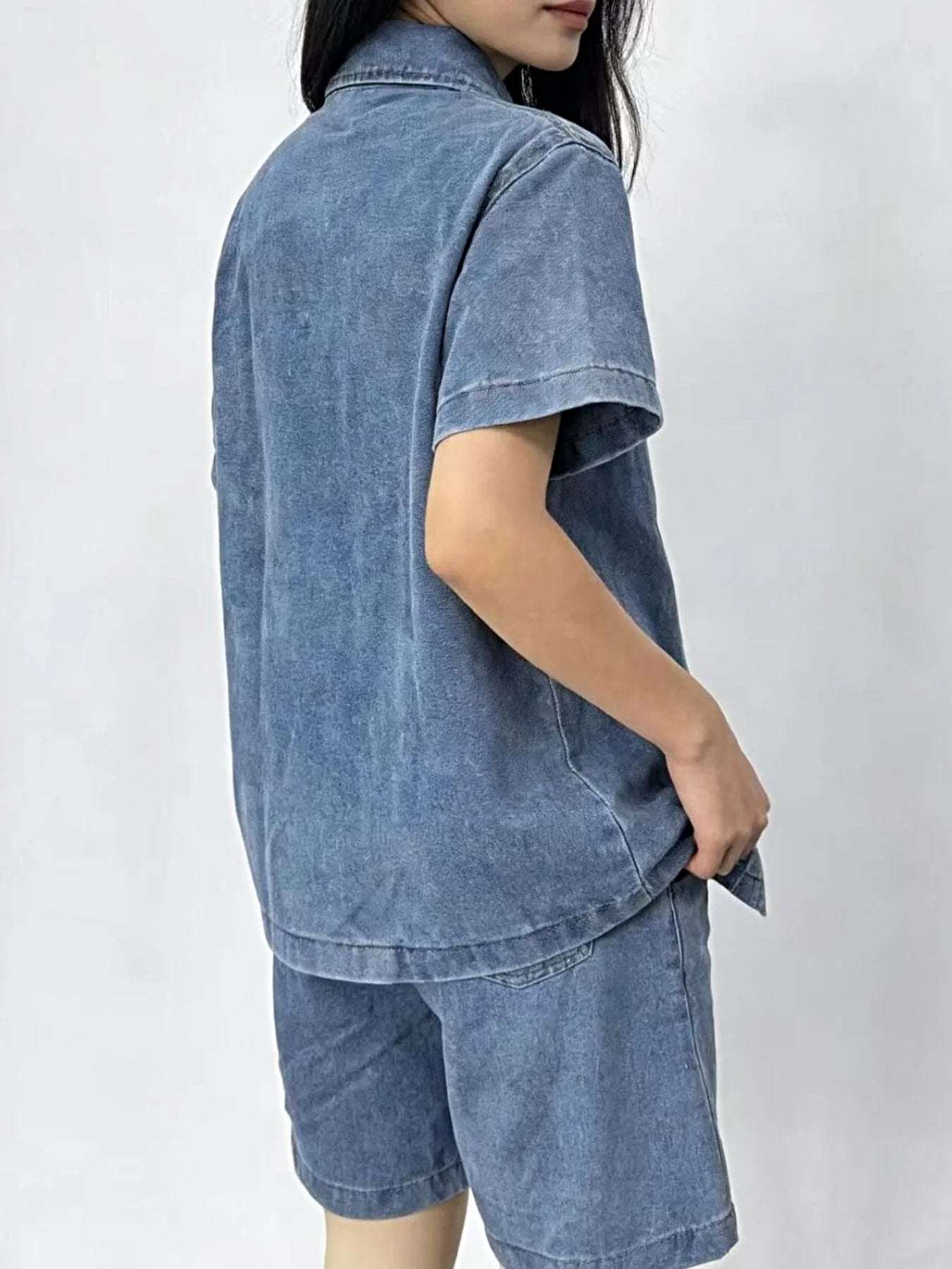 Button Up Short Sleeve Top and Shorts Denim Set -
