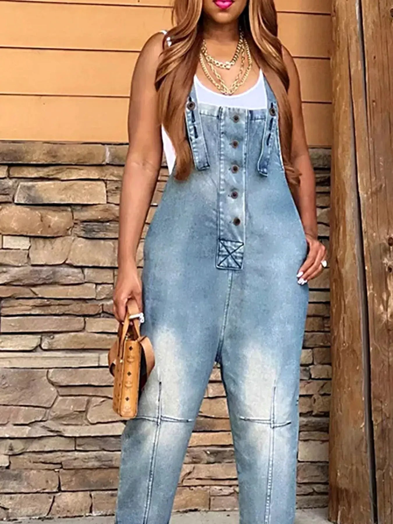 Full Size Button Front Denim Overalls with Pockets Plus Size -
