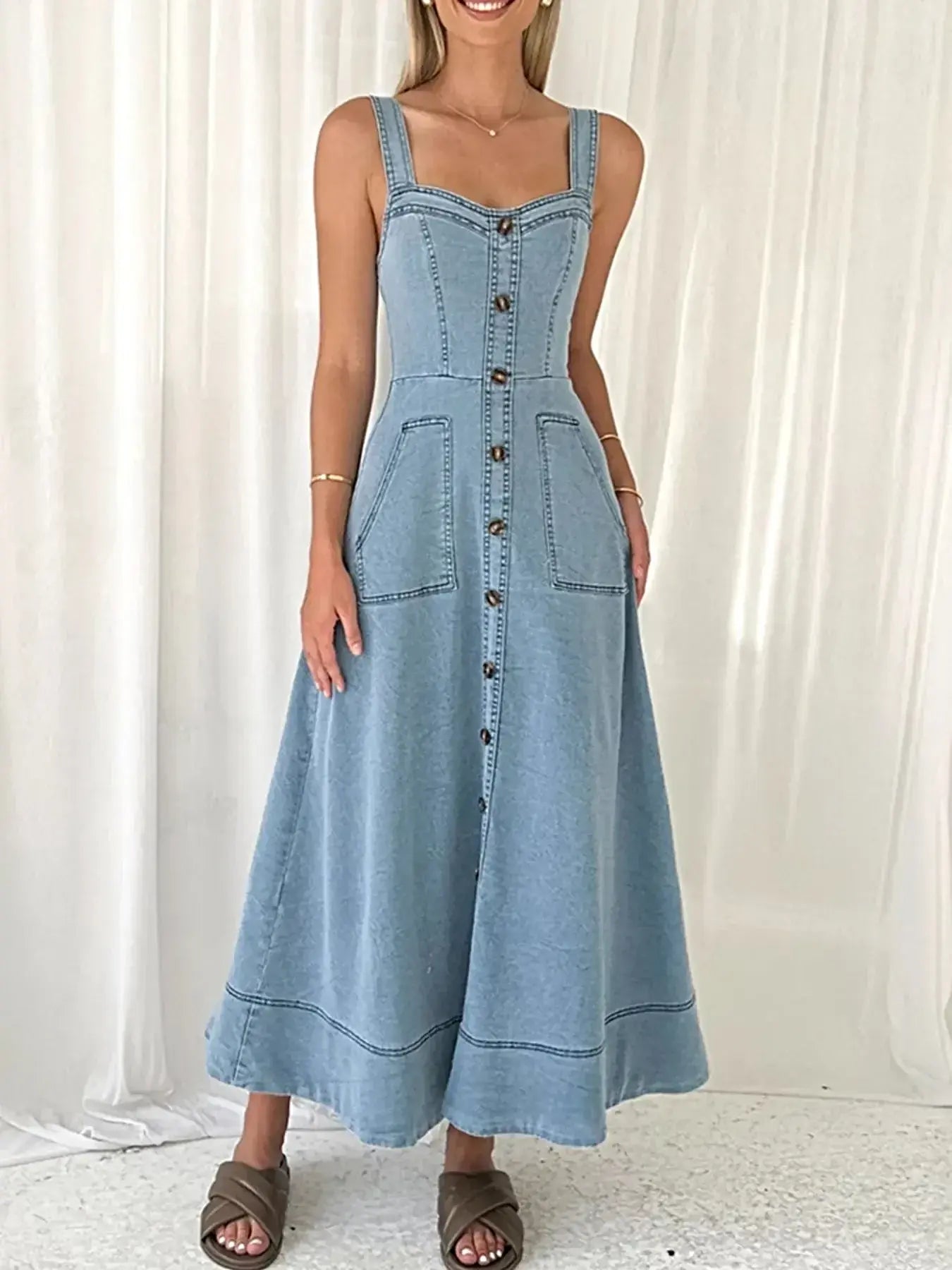 Wide Strap Sweetheart Neck Denim Dress -