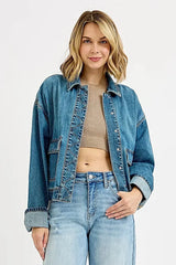 RISEN Oversized Cargo Pocket Denim Jacket with Cuffed Sleeves -