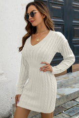 Cable-Knit V-Neck Long Sleeve Mini Sweater Dress