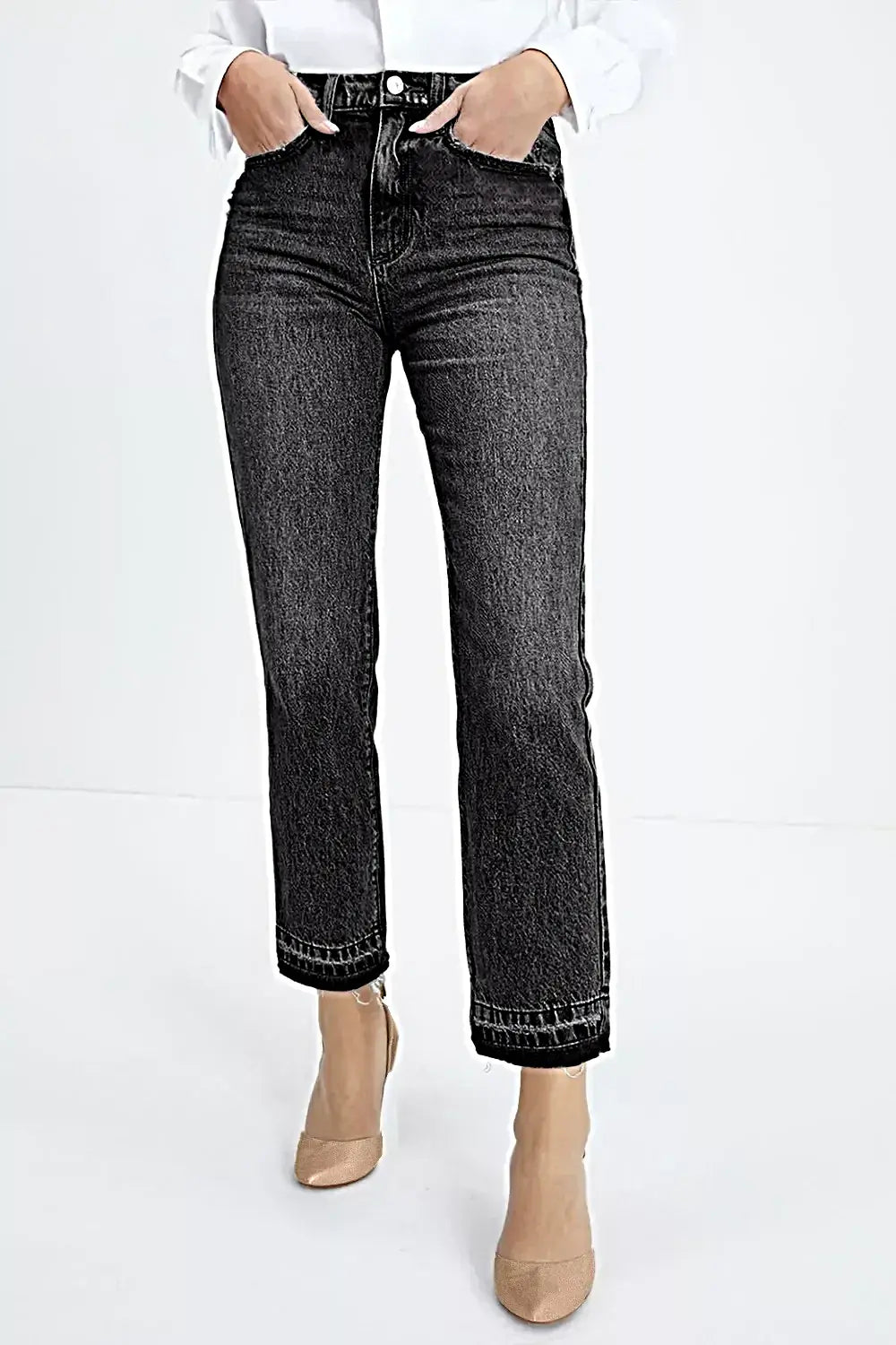 High-Waisted Distressed Hem Straight Leg Jeans -