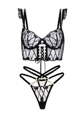 Adriana Noir 2-Piece Sexy Lace Lingerie Set with an alluring combination of lace and faux-leather, perfect for igniting passion.